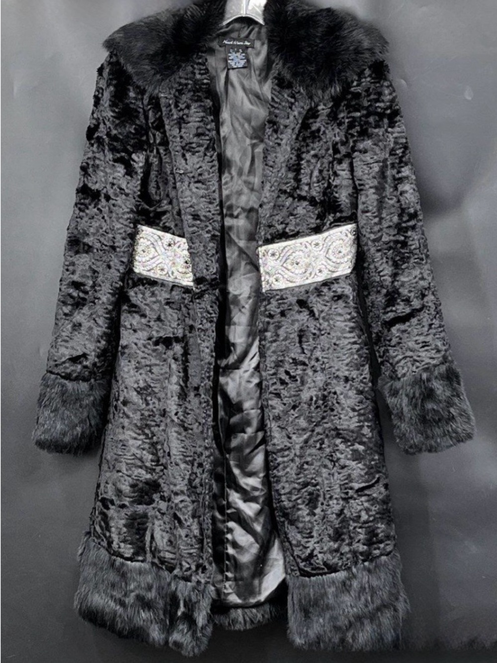 Heart Moon Star Faux Shearling, Rabbit Trim, Silver Embellished Waist Long Coat
